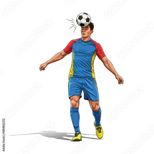 Dynamic soccer player expertly heading ball during intense match action, showcasing athleticism and skill