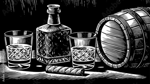 black and white hand-drawn sketch set featuring whiskey glasses, a bottle, wooden barrel, and cigar, ideal for bar design, beverage illustration, vintage artwork, creative projects, and decorative
