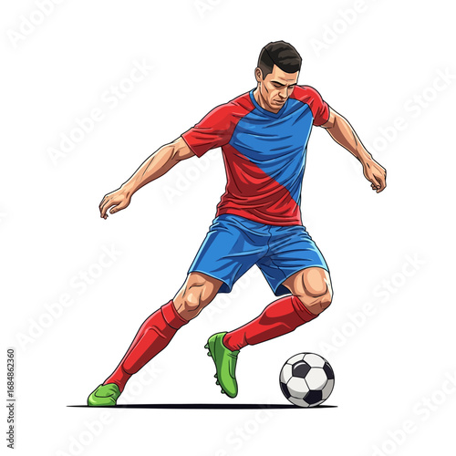 Dynamic athlete skillfully dribbles soccer ball during intense athletic competition, showcasing agility and focus.