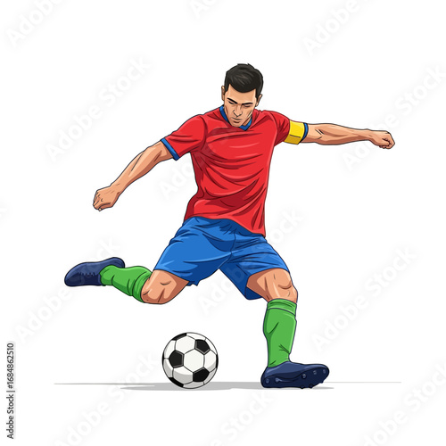 Dynamic soccer player powerfully kicks ball during intense match action, showcasing athletic skill and competitive drive