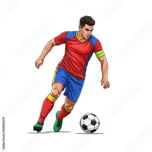 Dynamic soccer player skillfully dribbles ball on field, showcasing athleticism and competitive spirit for sports marketing