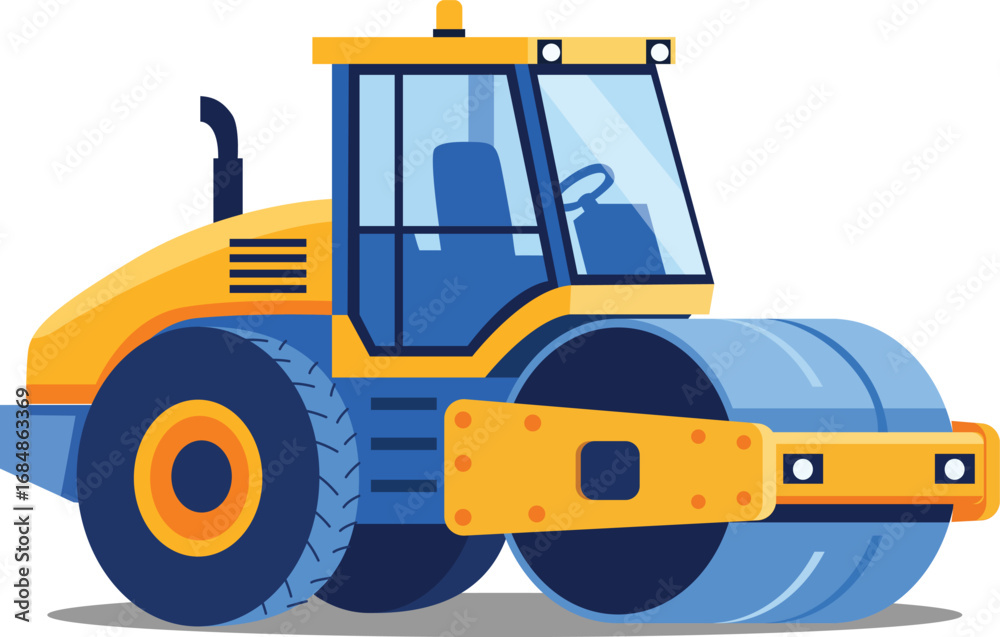 Naklejka premium Illustration of a yellow and blue road roller vehicle, a heavy construction machine used for compacting soil and asphalt.