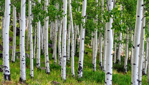 A dense forest of aspen trees in a vibrant green and white landscape