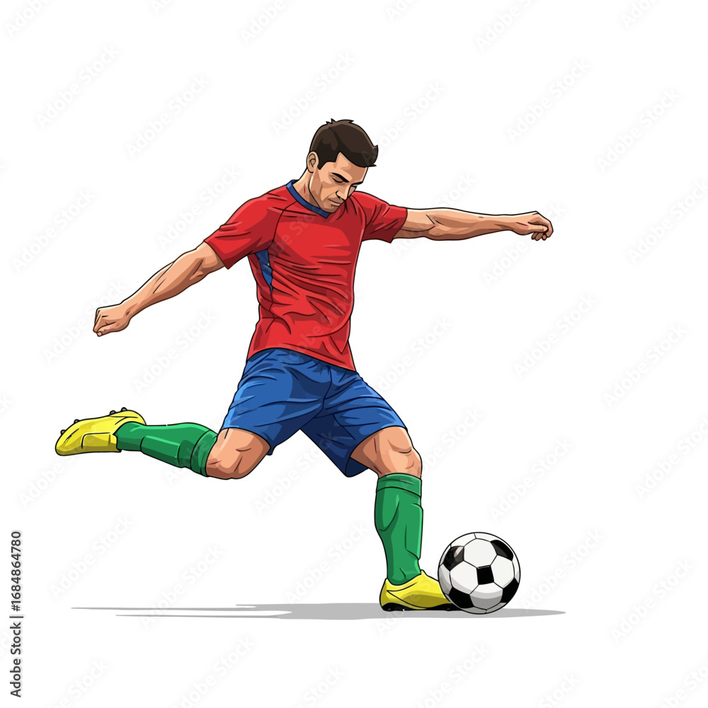 Obraz premium Dynamic soccer player kicking the ball with powerful motion in a vibrant, energetic illustration, ideal for sports and fitness designs