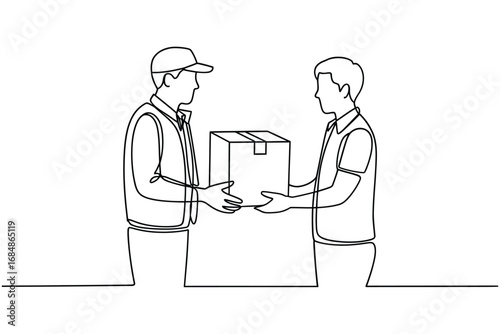 Delivery person hands package to customer in simple line art