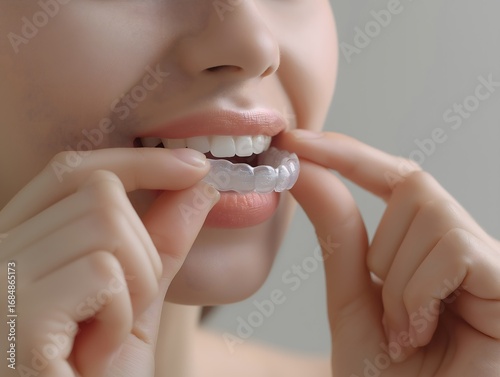 Close-up of a woman about to wear clear braces, dental care and beauty concept