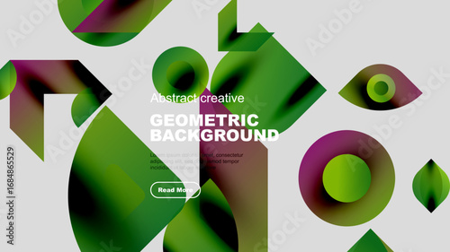 Abstract geometric shapes, vibrant colors, modern design. Overlapping forms create dynamic visual experience. Text present.