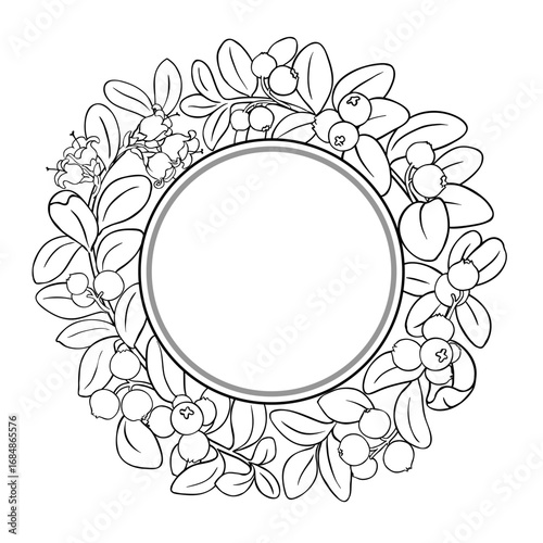 Lingonberry Branch with Flowers, Berries and Leaves Outline Round Frame. Organic natural nutritional healthy food ingredient, vegetarian diet product. Vector isolated for design or decoration.
