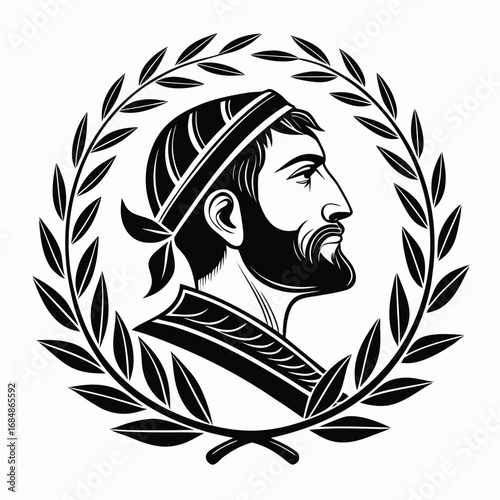 Profile of a bearded man in a laurel wreath emblem