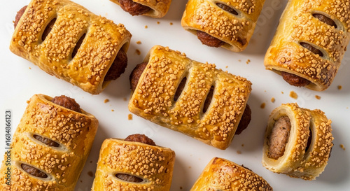 Overhead shot of several golden-brown sausage rolls arranged on a white surface.
