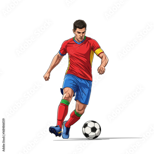 Dynamic soccer player dribbling the ball with vibrant energy, perfect for sports marketing and athletic promotions, ready to score!