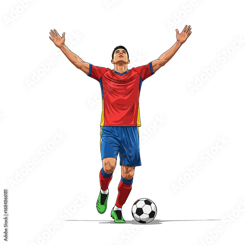 Soccer player celebrating victory with arms raised high after scoring goal, vibrant illustration on white background