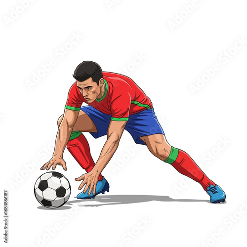 Dynamic soccer player controlling the ball during intense match, showcasing athletic prowess, determination, and sportsmanship