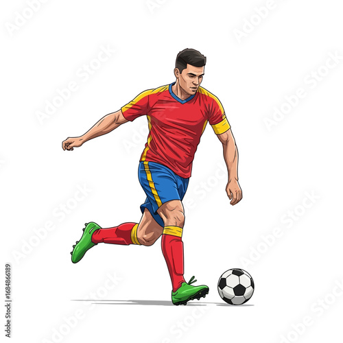 Dynamic soccer player kicking the ball with power and precision, ready for action, vibrant colors, perfect for sports marketing and design