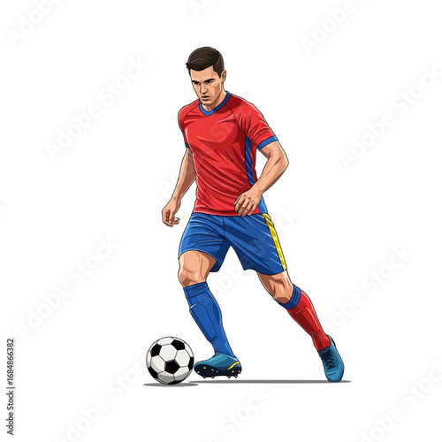 Dynamic soccer player skillfully dribbles ball during intense match, showcasing athleticism and focus on white background