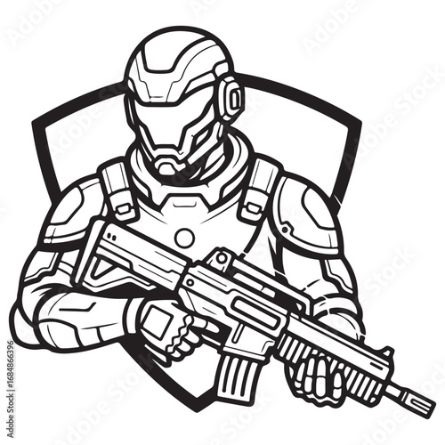 Armored Futuristic Warrior Holding a Rifle with a Shield Emblem Background
