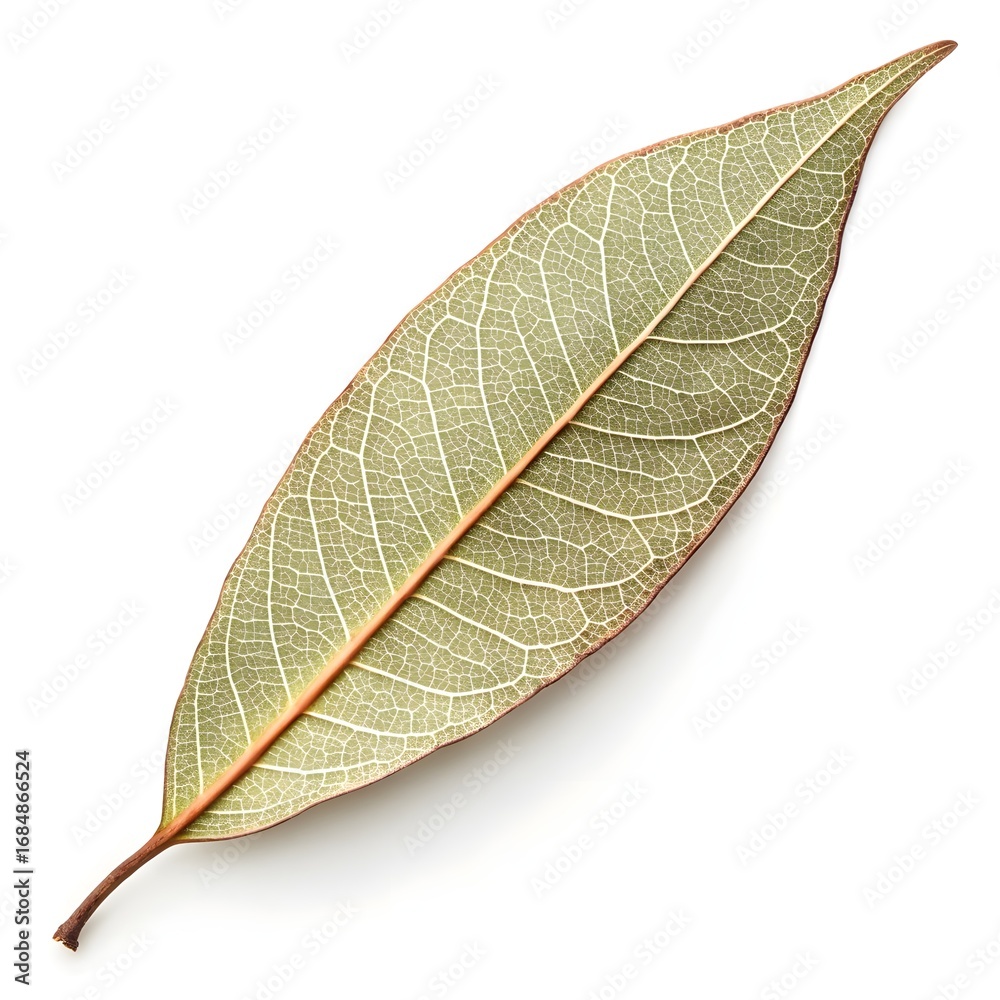 Obraz premium Messmate Stringybark Leaf Distinctive Australian Eucalyptus Foliage with Deep Green Texture and Fine Organic Veins on White Solid Background Minimalist Still Life Highlighting Fresh Natural Vitality