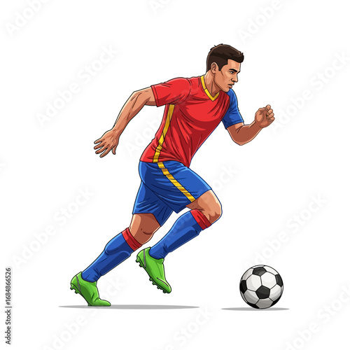 Dynamic soccer player dribbling ball with intense focus, showcasing athletic prowess and competitive spirit in action