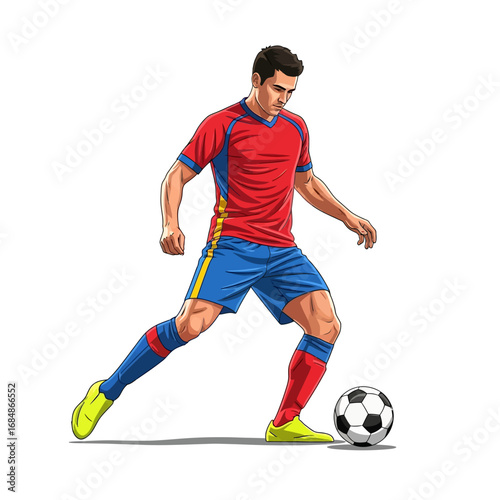 Dynamic soccer player skillfully dribbles ball on field, showcasing athletic prowess and competitive spirit in vibrant sportswear
