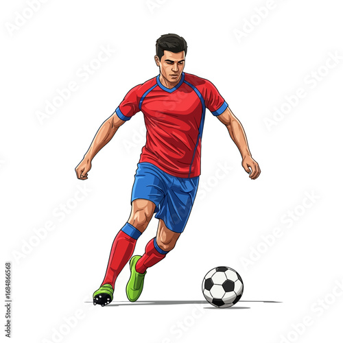 Dynamic soccer player skillfully dribbling ball on field, captured mid-action with intense focus and athletic prowess