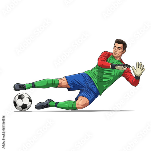 Dynamic soccer goalkeeper dives to save a crucial goal, showcasing agility and athletic prowess in a moment of intense competition