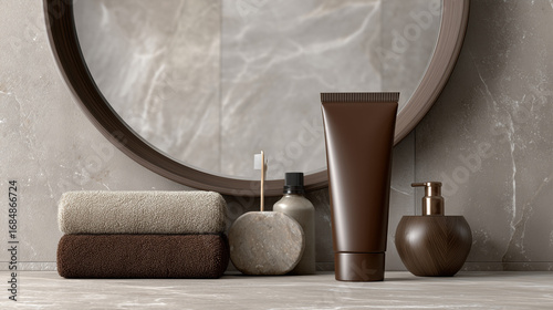 brown facial wash tube mockup in modern bathroom with photo realistic 3D mirror