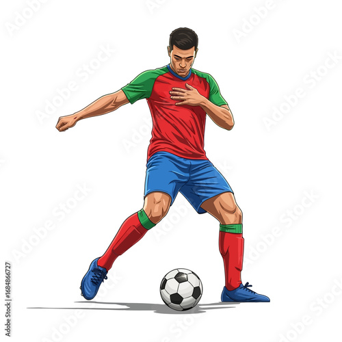 Dynamic soccer player in vibrant red and green kit skillfully dribbles ball, showcasing athleticism and passion for the game.