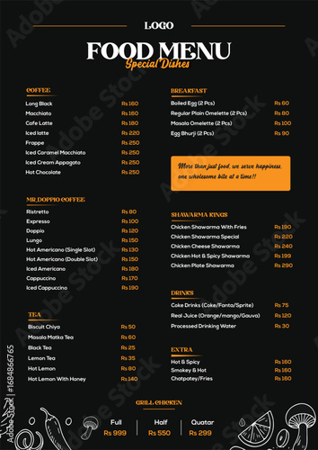 Food Menu Vector – Black Background Layout with Coffee, Pasta, Sandwiches & Rice Meals