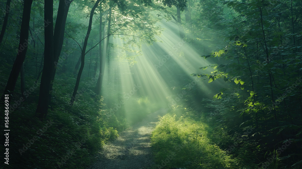 Naklejka premium Morning Sunbeams Penetrating Forest Path Serene Natural Landscape Background