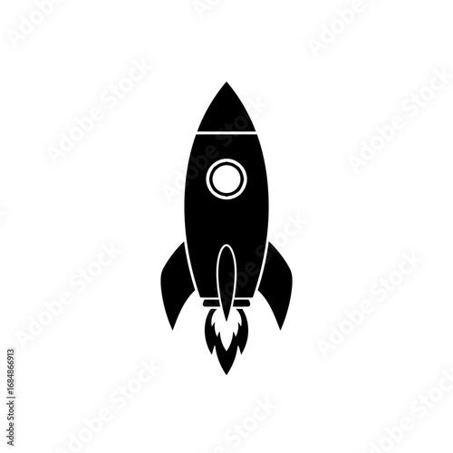 Simple black silhouette of a rocket ship launching with fire and smoke against a white background