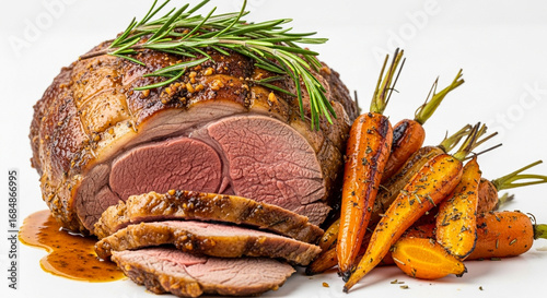 Roasted leg of lamb with rosemary and roasted carrots, a delicious and savory meal.