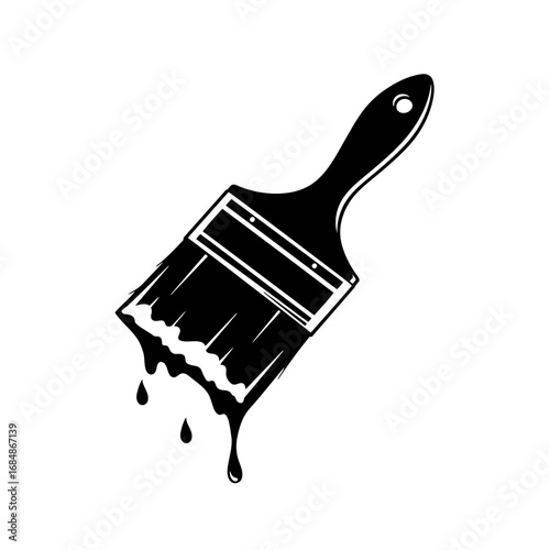 White paint brush with wavy strokes and a curved handle on a black background