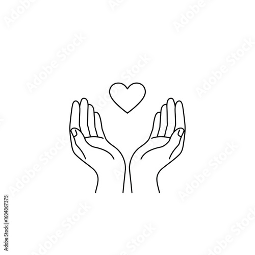Stylized outline of cupped hands holding a heart symbol against a black background
