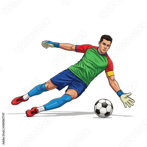 Dynamic soccer goalkeeper diving to save a goal with intense focus and athletic prowess on a clean white background