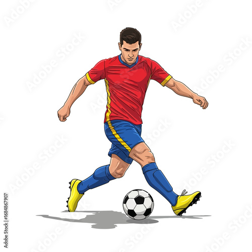 Dynamic male athlete skillfully kicking a soccer ball, captured in a powerful action pose on a clean white background, perfect for sports promotions