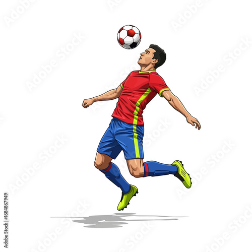 Dynamic soccer player leaping to head ball during intense match action, capturing athletic skill and competitive spirit.