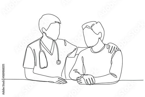 Doctor comforting patient with hand on shoulder in simple line drawing