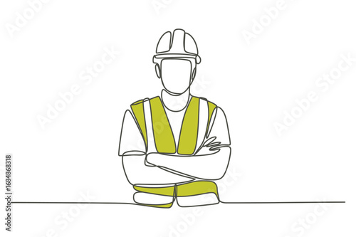 Construction Worker in Safety Gear | One Line Vector Illustration | Editable Stroke