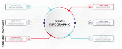 Business process visualization with icon on circle shape | Corporate infographic with 6 steps rectangle diagram arranges both side of 3d circle connected with abstract shadow effect