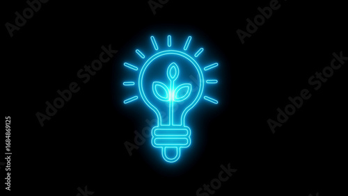 Blue neon light bulb with growing plant inside on black background sprout