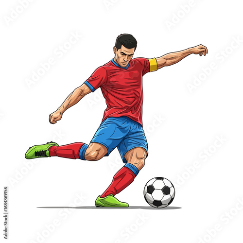 Dynamic soccer player skillfully kicking ball with intense focus during exciting match action