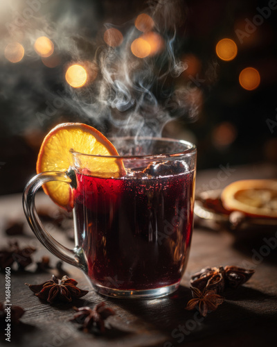 Steaming hot mulled wine, rich with spice and orange, brings cozy, festive joy
