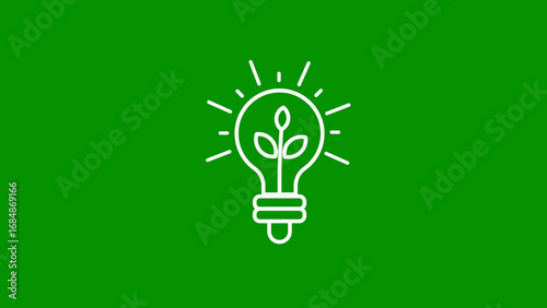 White outline of a lightbulb with a plant sprout inside on a solid green background idea innovation