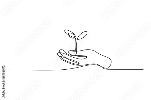 Continuous One-Line Vector Drawing of a Hand Gently Holding a Small Plant Sprout. A Simple and Elegant Symbol of New Beginnings, Growth, and Nurturing. Editable Stroke.