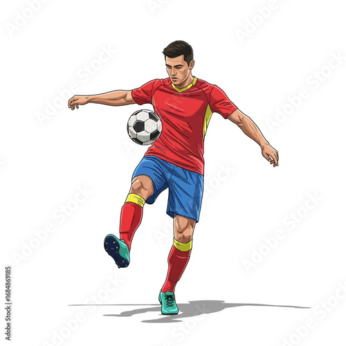 Dynamic athlete skillfully juggles a soccer ball, showcasing focus and athletic prowess during a vibrant game or practice session