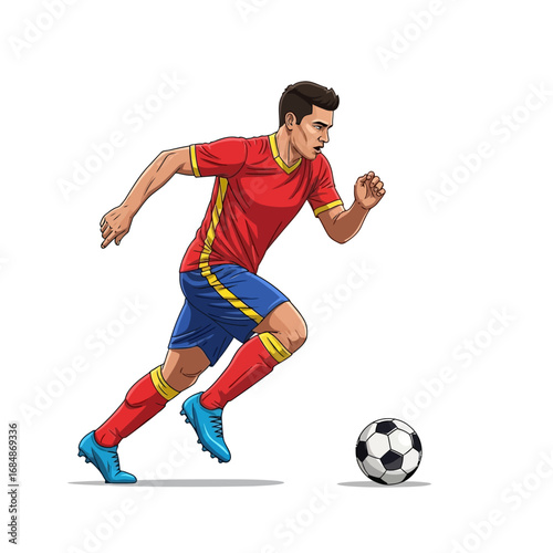 Dynamic soccer player in action, dribbling ball with intense focus, showcasing athletic prowess and competitive spirit on the field