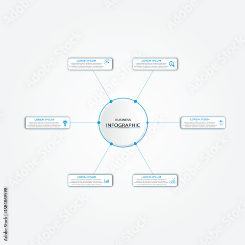 Marketing process visualization timeline diagram | Business data representation with white geometric diagram with icon | 3d centre radial 6 steps cyan flowchart   for business