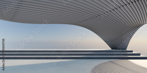 Abstract architecture background. White modern futuristic building with curve geometric facade. Architectural minimal construction design. 3d render