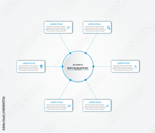 Marketing process visualization timeline diagram | Business data representation with white geometric diagram with icon | 3d centre radial 6 steps blue flowchart   for business