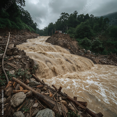 In Kaziranga National Park, rhinos and elephants struggle through chest-deep brown floodwaters, their bodies partly submerged amid lush green forest partially underwater. Under misty skies and looming